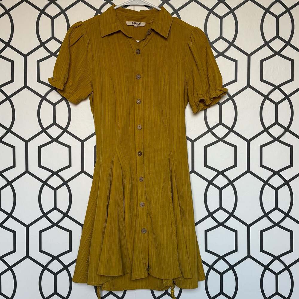 Hint of Blush Mustard Yellow Seersucker Button-Down Fit Flare Mini Dress Small - Picture 2 of 7
